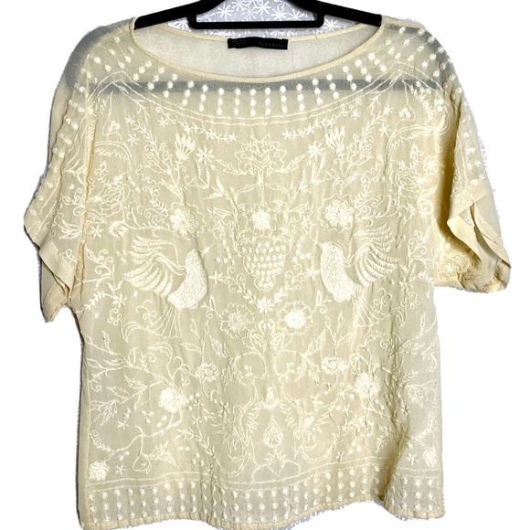 Zara Tops - ZARA M floral and bird embroidered blouse top EUC